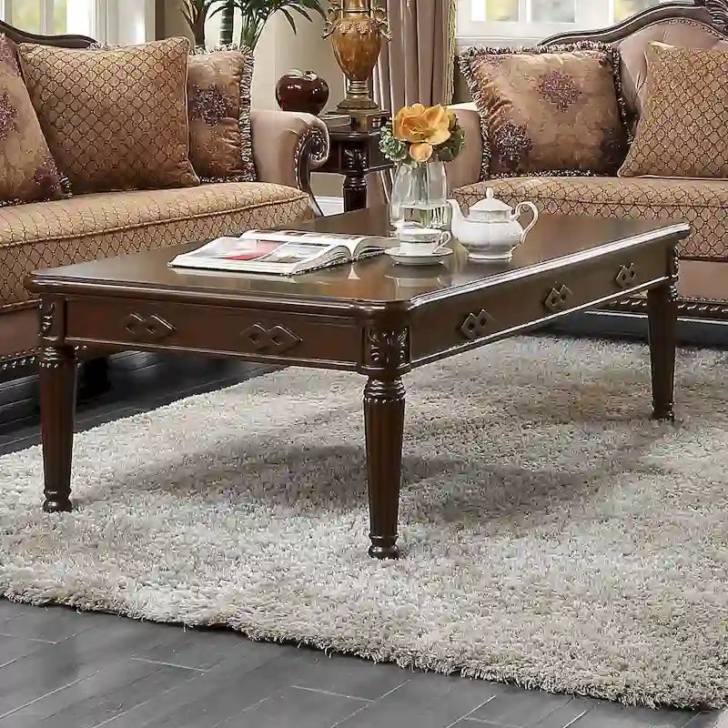 Table basse rectangulaire en bois massif sculpté de style traditionnel Espresso avec pieds tournés