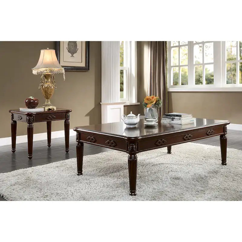 Table basse rectangulaire en bois massif sculpté de style traditionnel Espresso avec pieds tournés