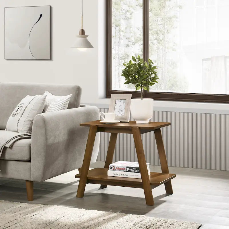 Table d'appoint mi-siècle moderne en bois avec étagère inférieure, pieds en A brun noyer