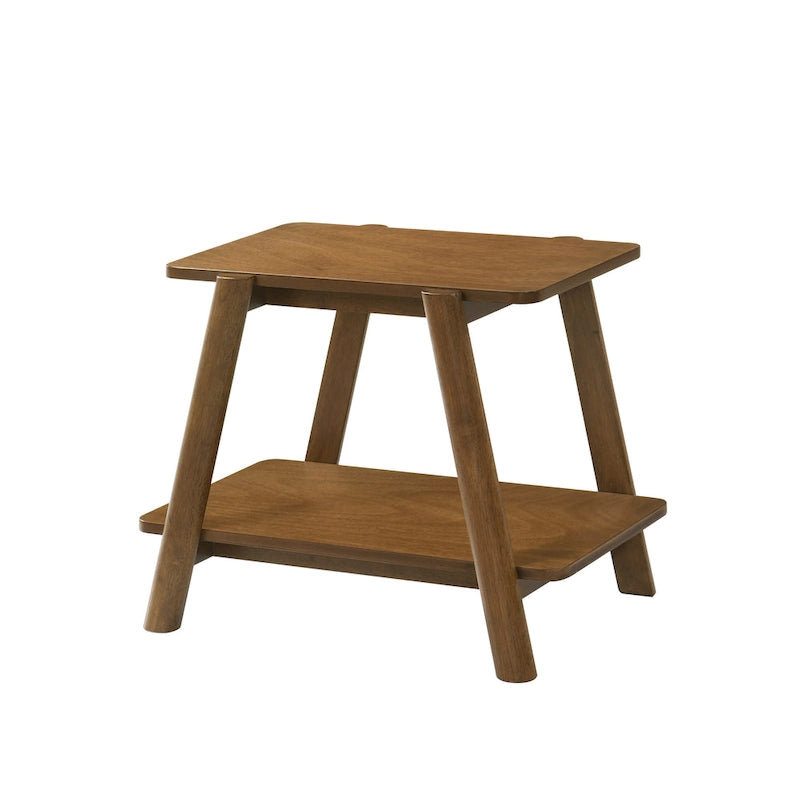 Table d'appoint mi-siècle moderne en bois avec étagère inférieure, pieds en A brun noyer