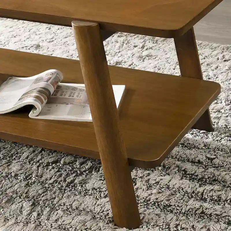 Table d'appoint mi-siècle moderne en bois avec étagère inférieure, pieds en A brun noyer