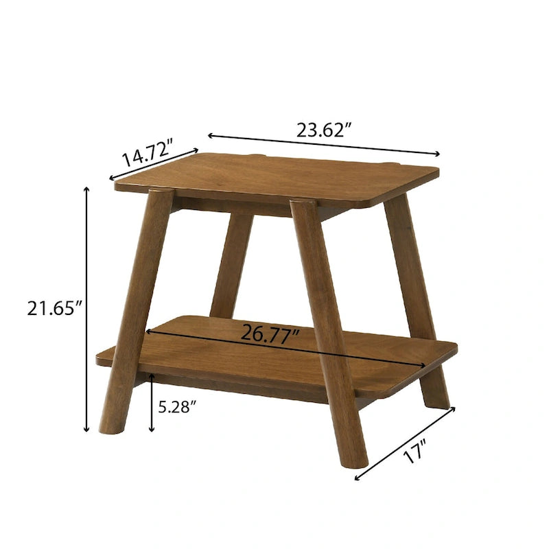 Table d'appoint mi-siècle moderne en bois avec étagère inférieure, pieds en A brun noyer