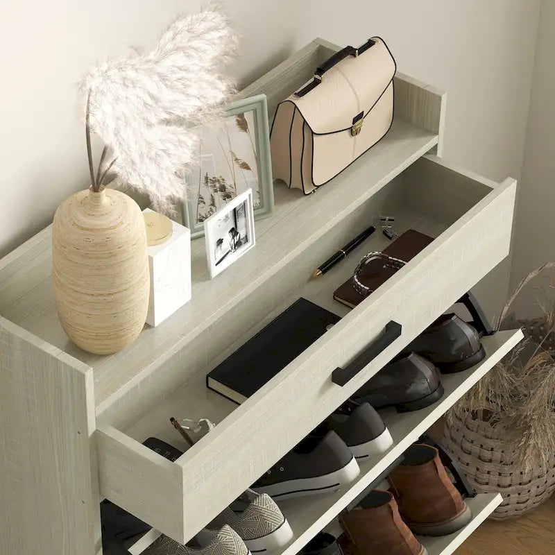 Meuble à chaussures blanc pour entrée, avec tiroirs basculants et étagères réglables, style industriel
