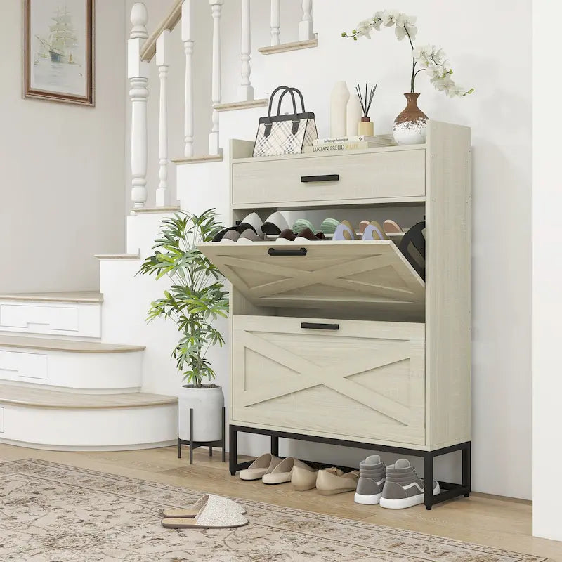 Meuble à chaussures blanc pour entrée, avec tiroirs basculants et étagères réglables, style industriel