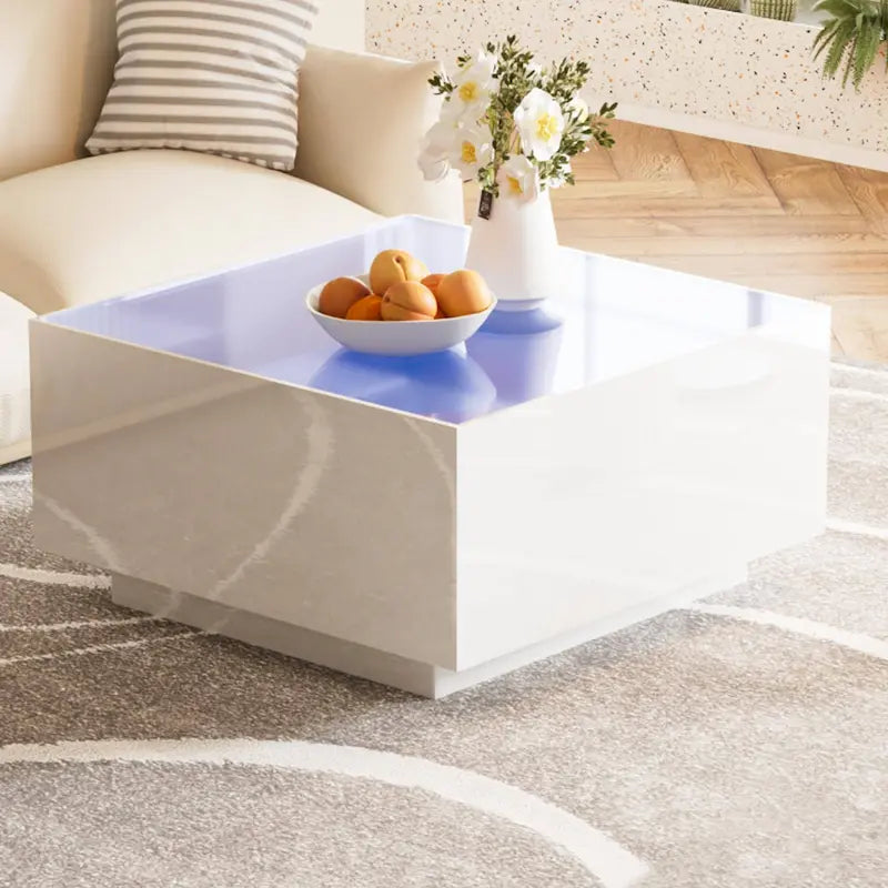 Table basse carrée moderne et brillante avec bandeau LED, Noir/Blanc