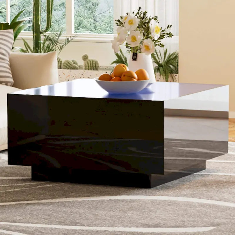 Square Modern Glossy Coffee Table with LED Strip Lights, Black/White