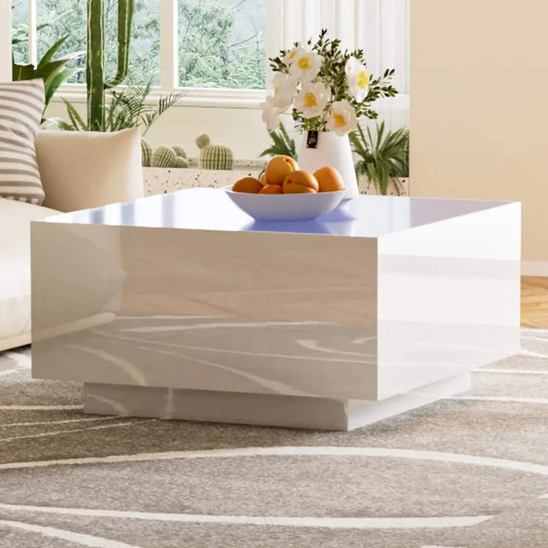 Square Modern Glossy Coffee Table with LED Strip Lights, Black/White