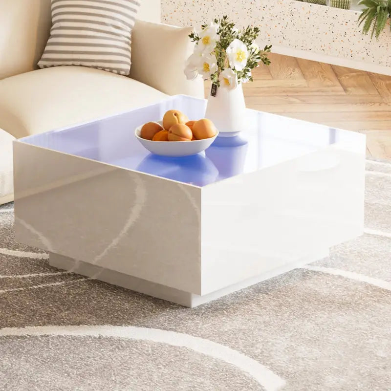 Square Modern Glossy Coffee Table with LED Strip Lights, Black/White