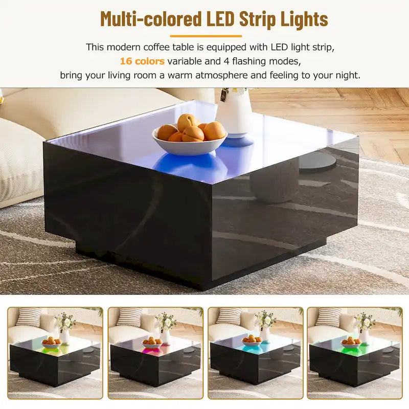 Square Modern Glossy Coffee Table with LED Strip Lights, Black/White