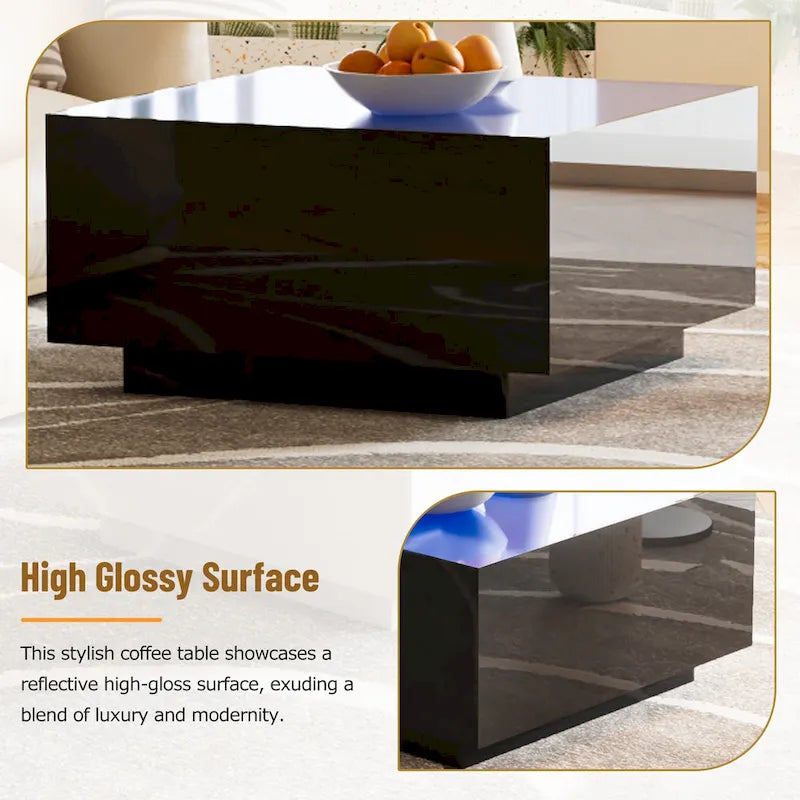 Square Modern Glossy Coffee Table with LED Strip Lights, Black/White