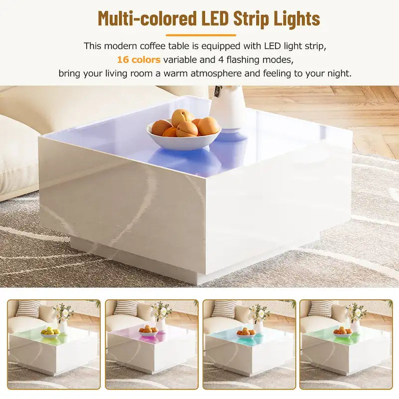 Square Modern Glossy Coffee Table with LED Strip Lights, Black/White