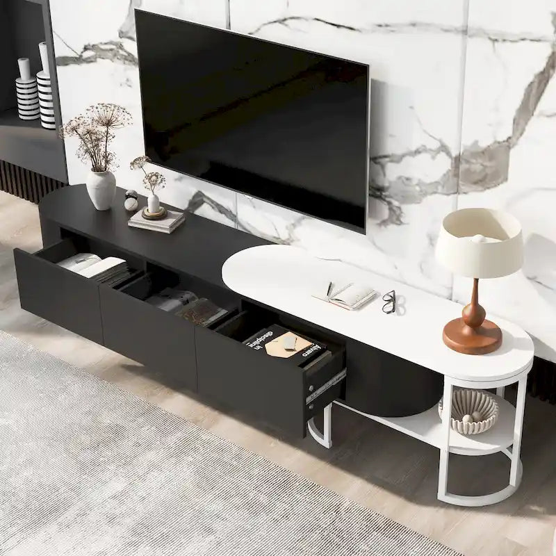 Meuble TV extensible avec tiroirs et pieds en métal noir et blanc