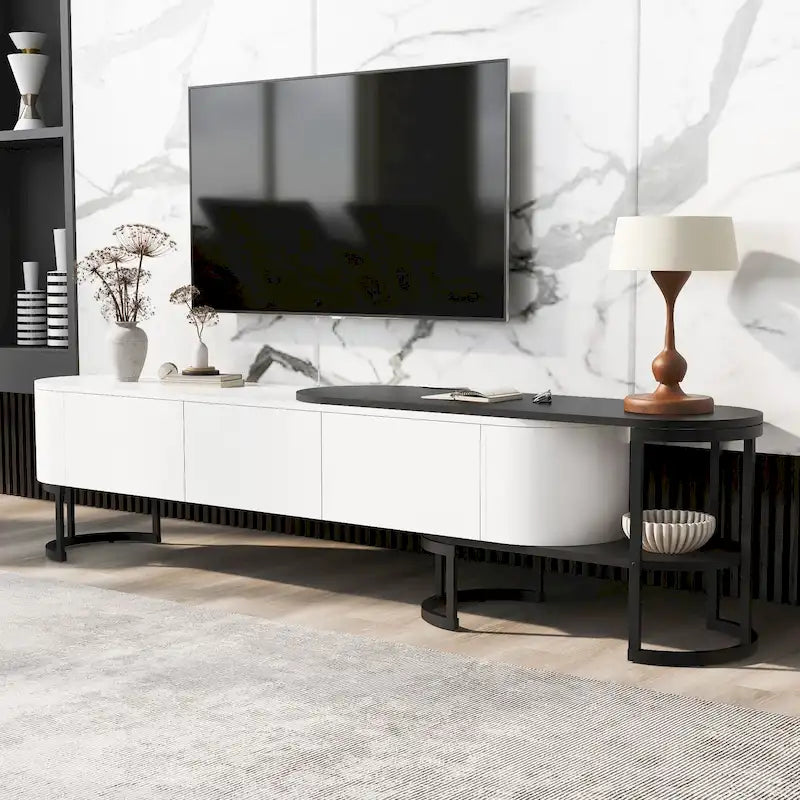 Meuble TV extensible avec tiroirs et pieds en métal noir et blanc