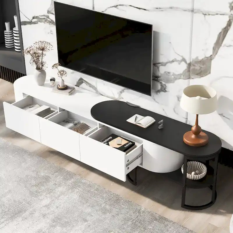 Meuble TV extensible avec tiroirs et pieds en métal noir et blanc