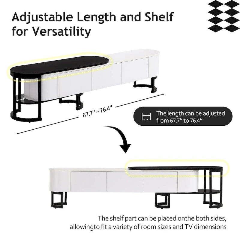 Meuble TV extensible avec tiroirs et pieds en métal noir et blanc