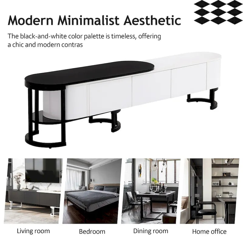 Meuble TV extensible avec tiroirs et pieds en métal noir et blanc