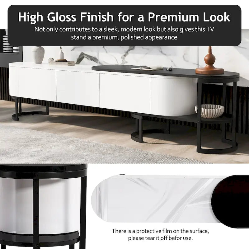Meuble TV extensible avec tiroirs et pieds en métal noir et blanc