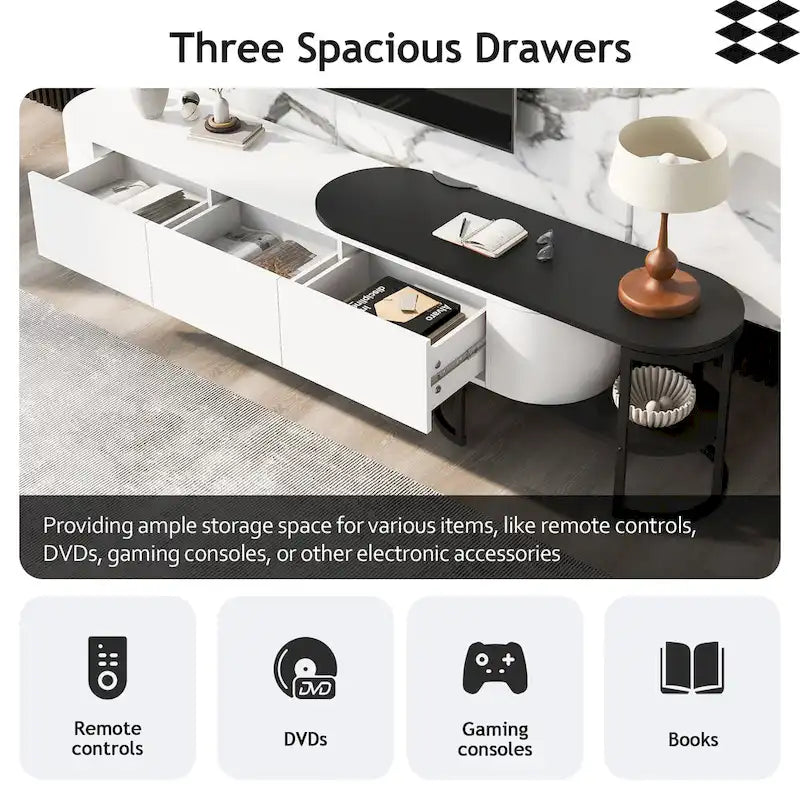 Meuble TV extensible avec tiroirs et pieds en métal noir et blanc
