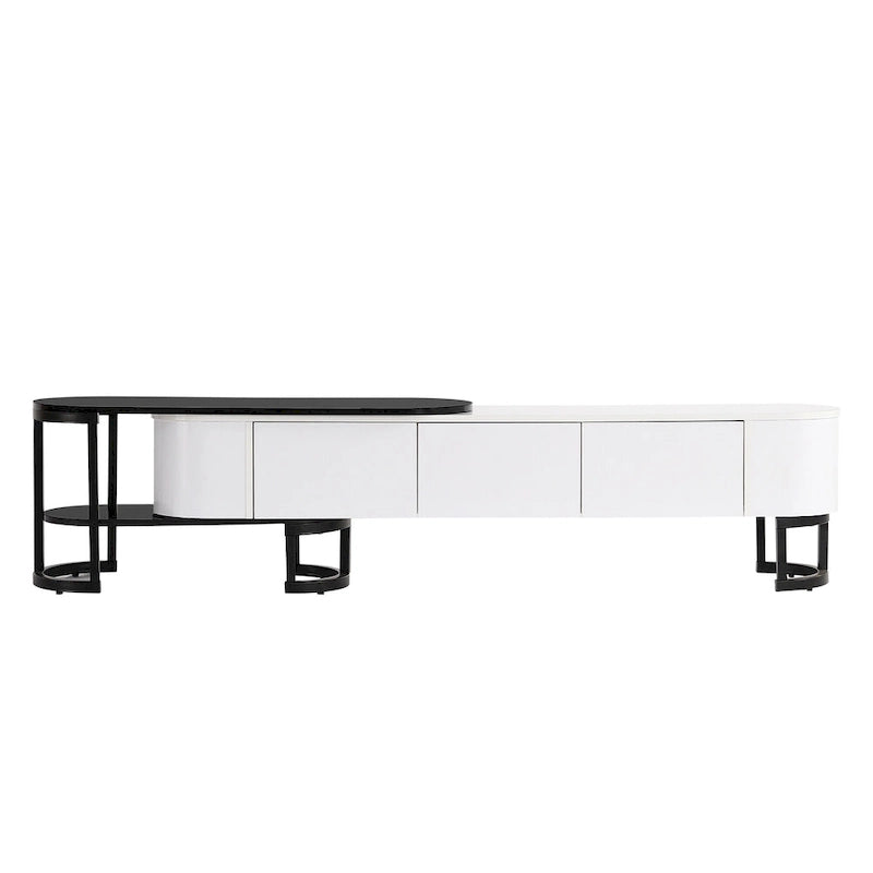 Meuble TV extensible avec tiroirs et pieds en métal noir et blanc