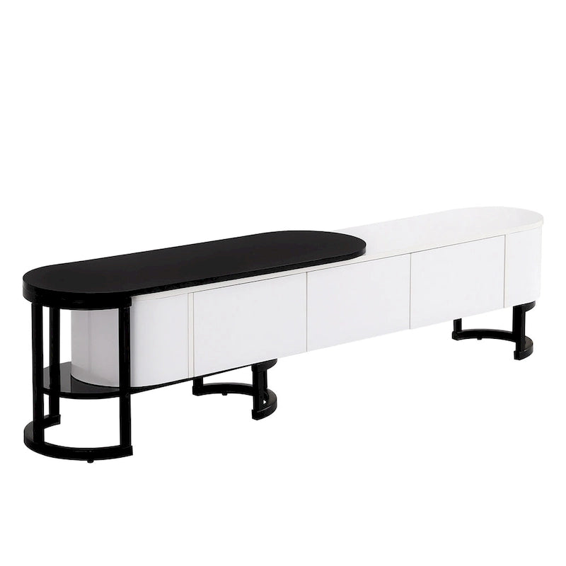 Meuble TV extensible avec tiroirs et pieds en métal noir et blanc