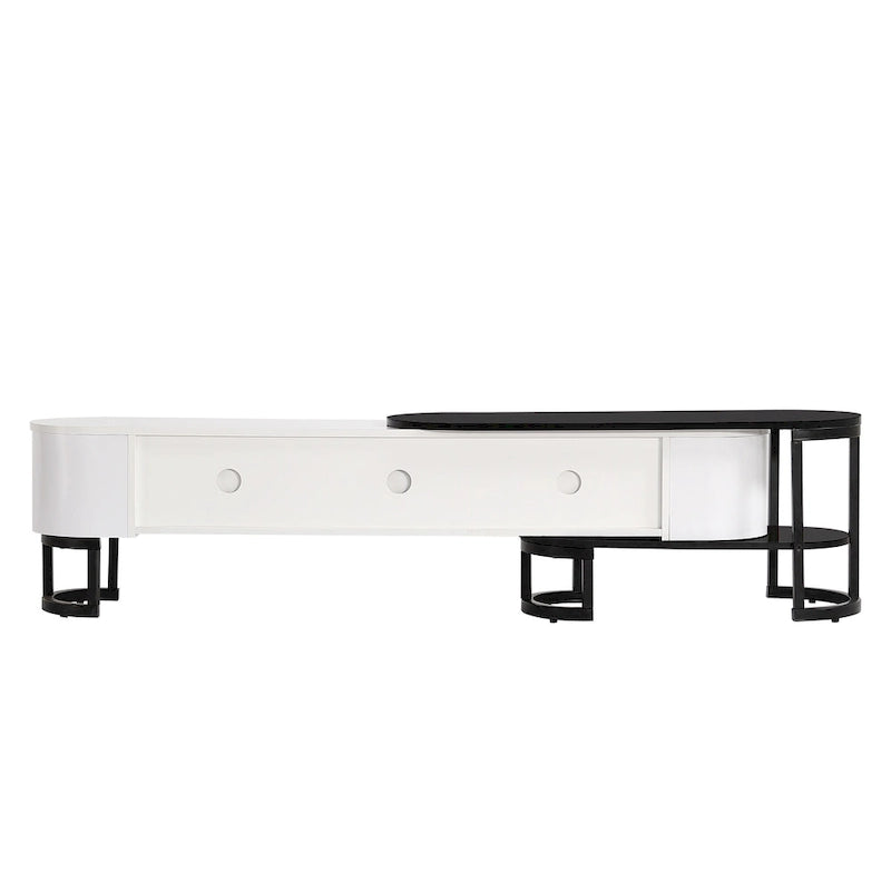 Meuble TV extensible avec tiroirs et pieds en métal noir et blanc