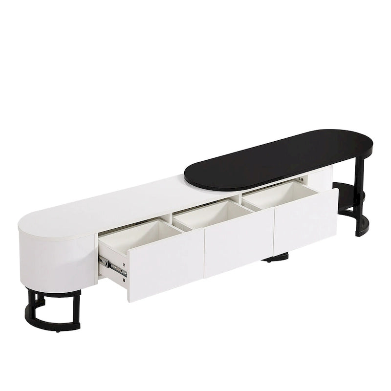 Meuble TV extensible avec tiroirs et pieds en métal noir et blanc