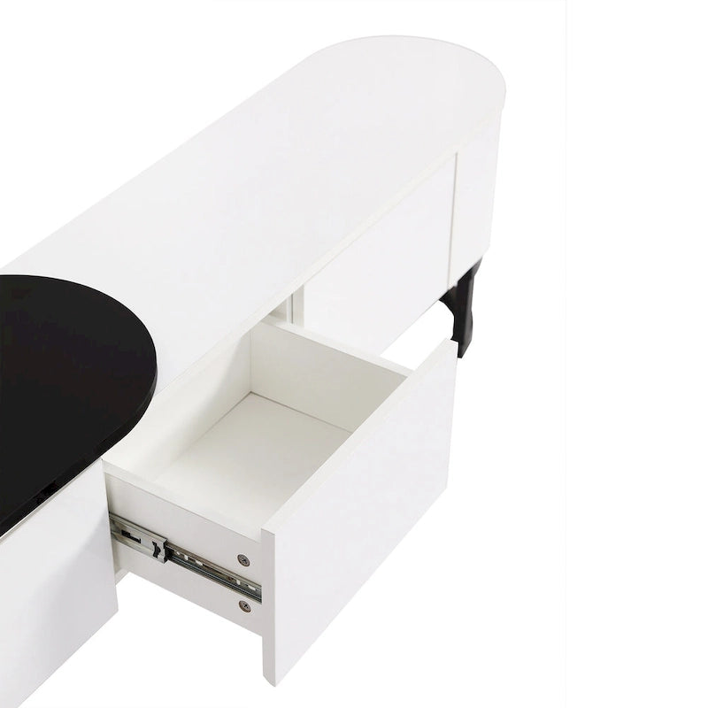 Meuble TV extensible avec tiroirs et pieds en métal noir et blanc