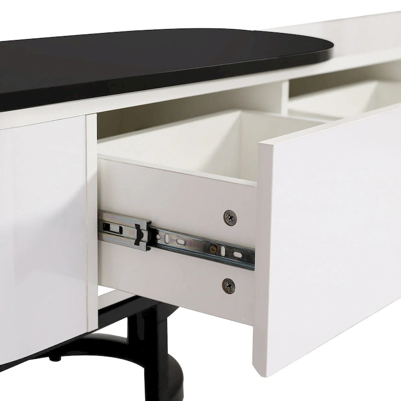 Meuble TV extensible avec tiroirs et pieds en métal noir et blanc