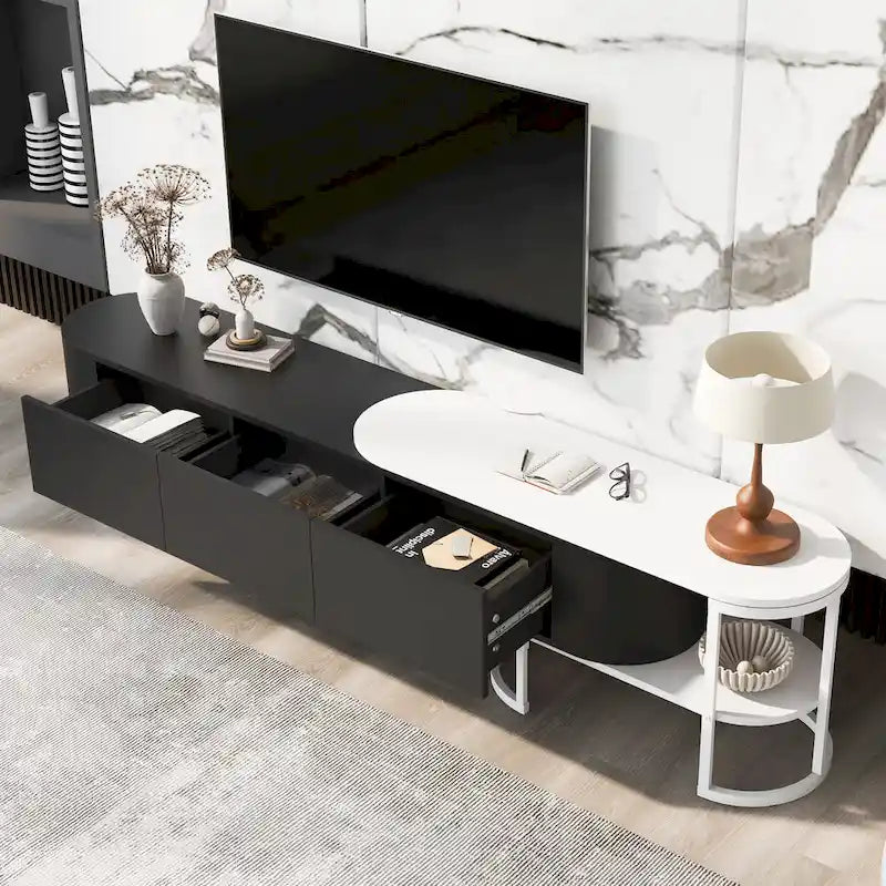 Meuble TV extensible avec tiroirs et pieds en métal noir et blanc