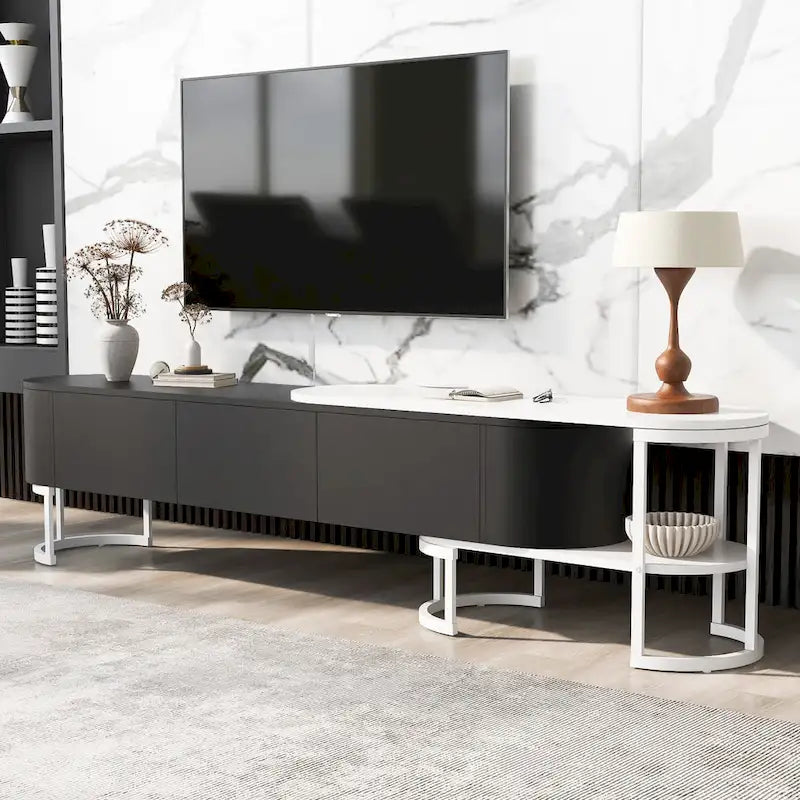 Meuble TV extensible avec tiroirs et pieds en métal noir et blanc