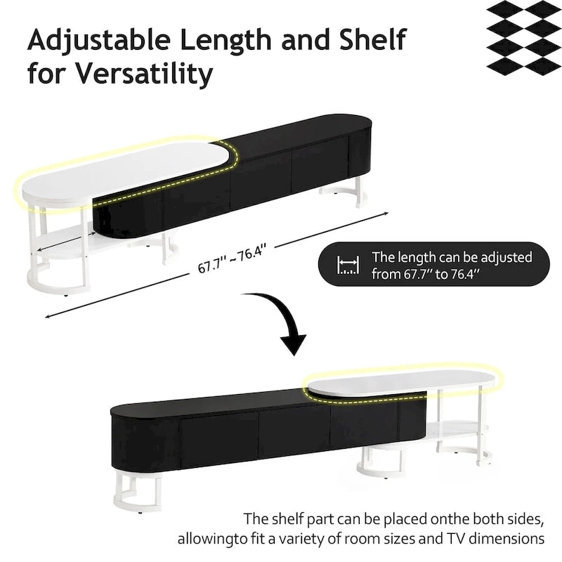 Meuble TV extensible avec tiroirs et pieds en métal noir et blanc