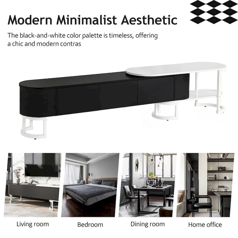 Meuble TV extensible avec tiroirs et pieds en métal noir et blanc