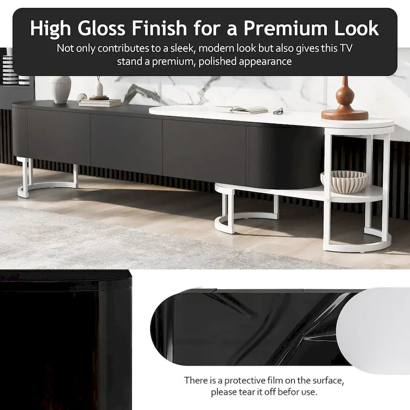 Meuble TV extensible avec tiroirs et pieds en métal noir et blanc
