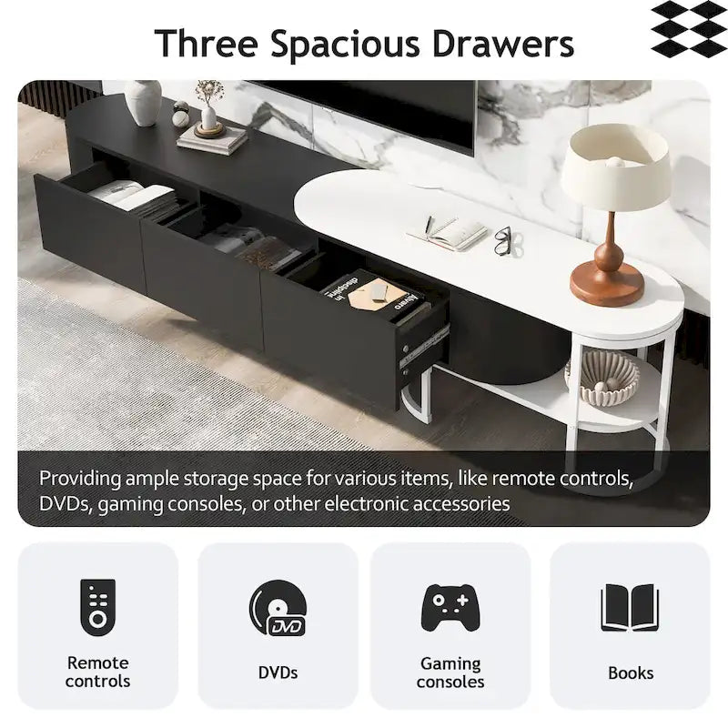 Meuble TV extensible avec tiroirs et pieds en métal noir et blanc