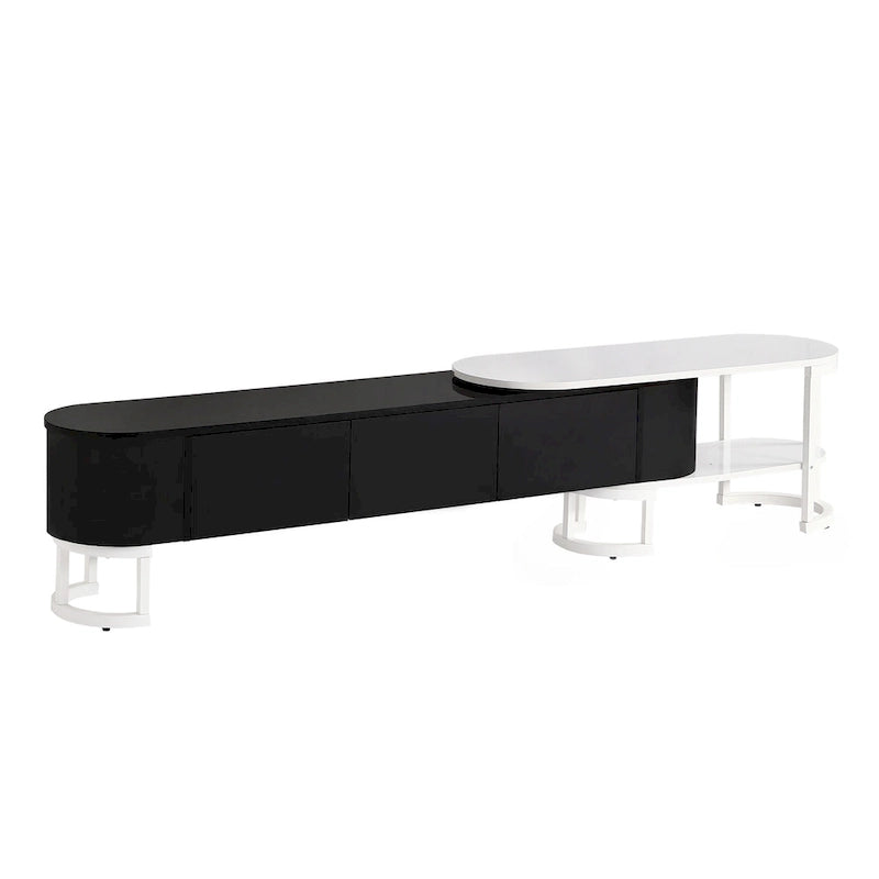 Meuble TV extensible avec tiroirs et pieds en métal noir et blanc