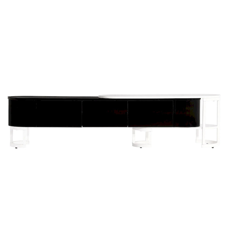 Meuble TV extensible avec tiroirs et pieds en métal noir et blanc
