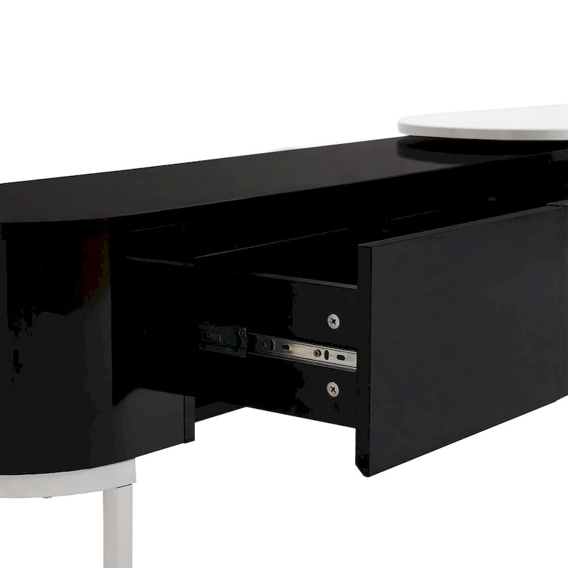 Meuble TV extensible avec tiroirs et pieds en métal noir et blanc