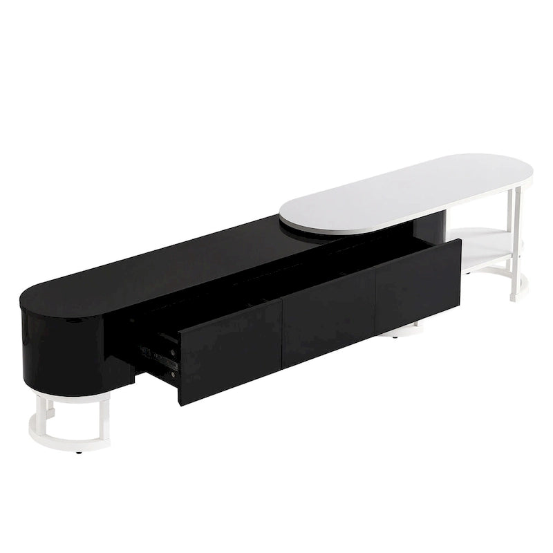 Meuble TV extensible avec tiroirs et pieds en métal noir et blanc