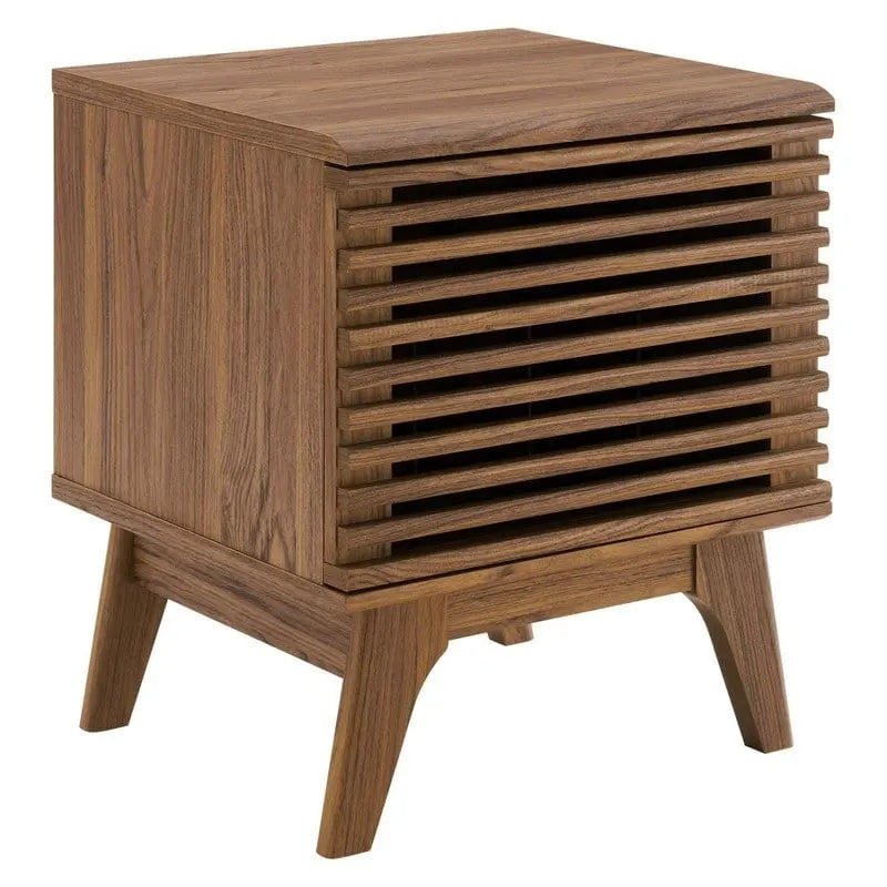 Meuble de rangement pour disques vinyles avec porte à lattes marron de style Mid-Century