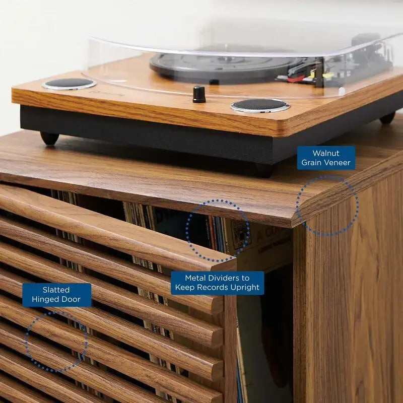 Meuble de rangement pour disques vinyles avec porte à lattes marron de style Mid-Century