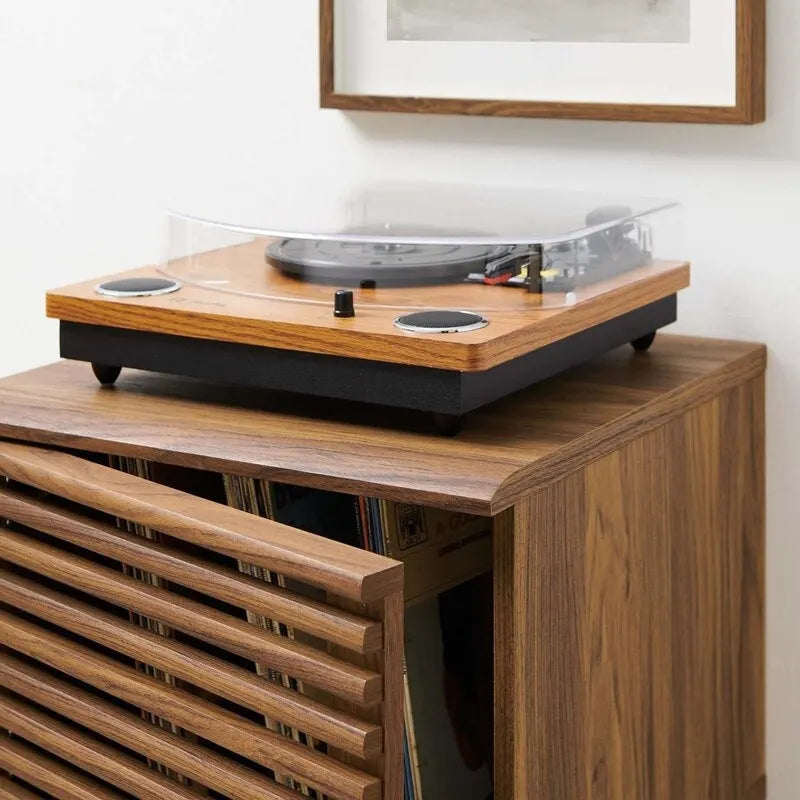 Meuble de rangement pour disques vinyles avec porte à lattes marron de style Mid-Century