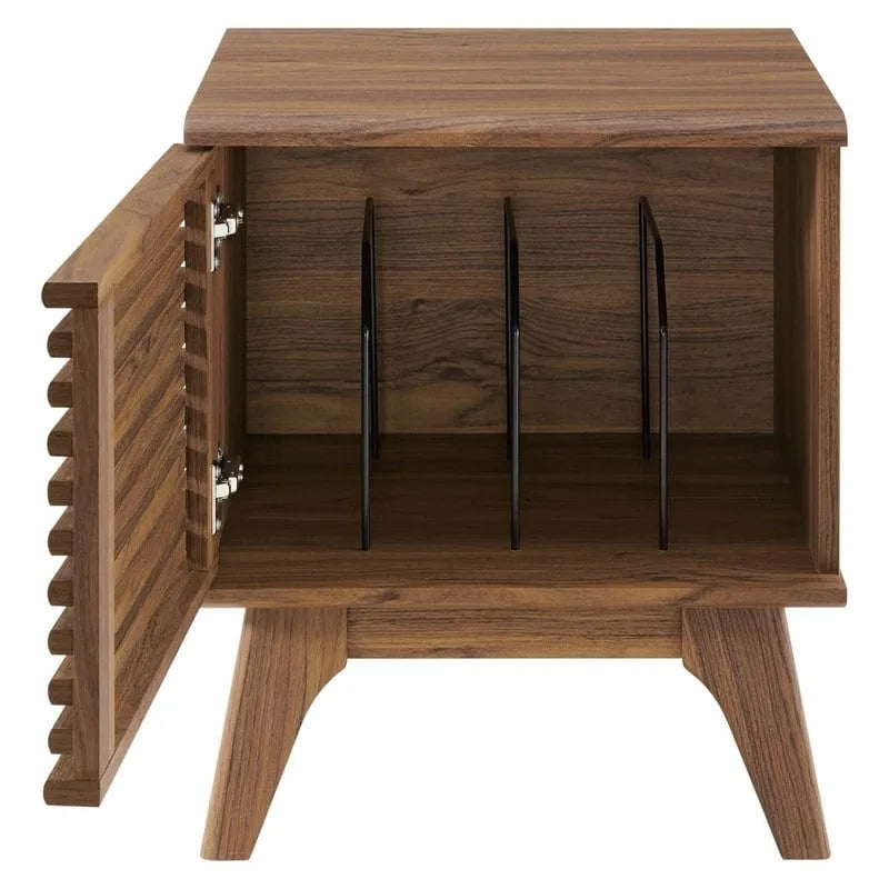 Meuble de rangement pour disques vinyles avec porte à lattes marron de style Mid-Century