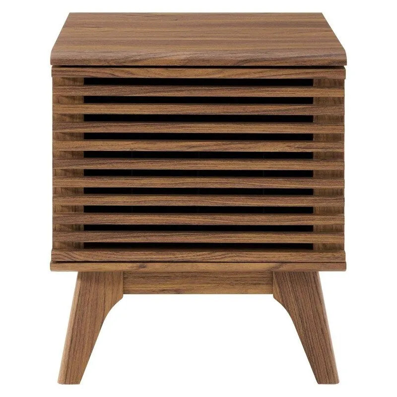 Meuble de rangement pour disques vinyles avec porte à lattes marron de style Mid-Century