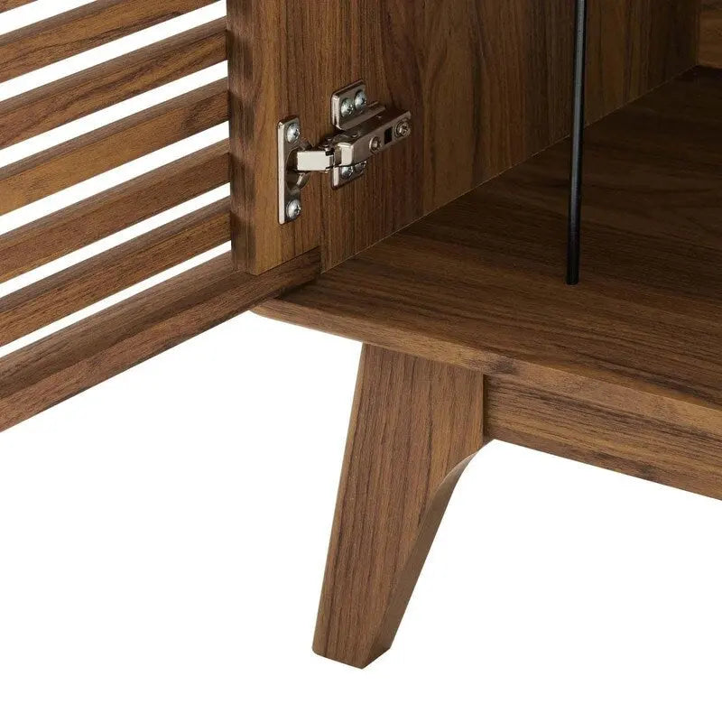 Meuble de rangement pour disques vinyles avec porte à lattes marron de style Mid-Century