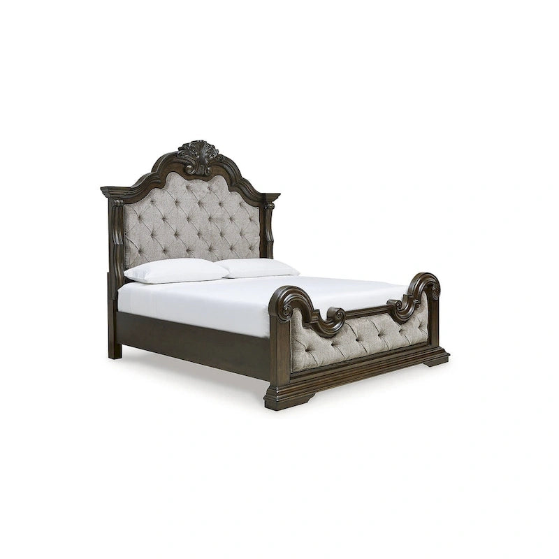 Cadre de lit capitonné orné en tissu, gris et marron foncé