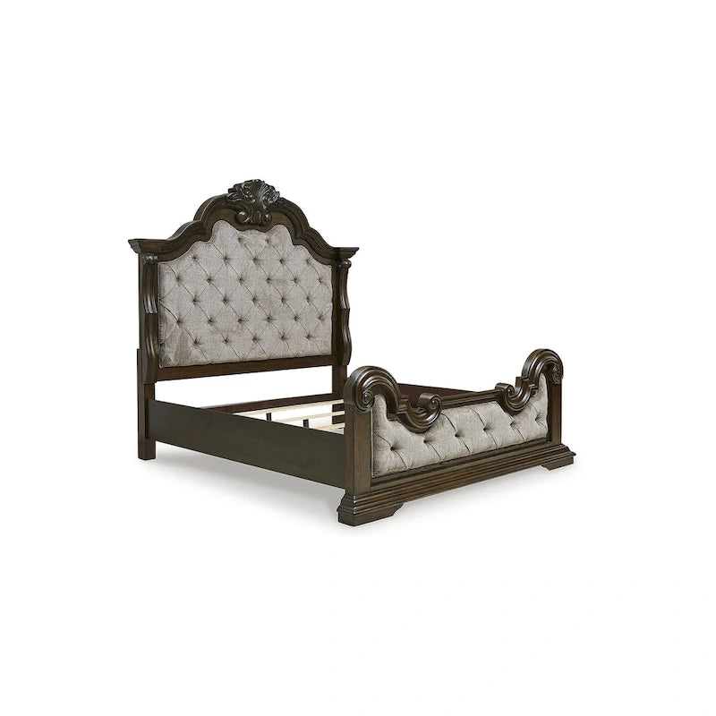 Cadre de lit capitonné orné en tissu, gris et marron foncé