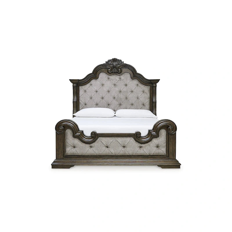 Cadre de lit capitonné orné en tissu, gris et marron foncé