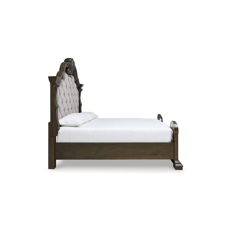 Cadre de lit capitonné orné en tissu, gris et marron foncé