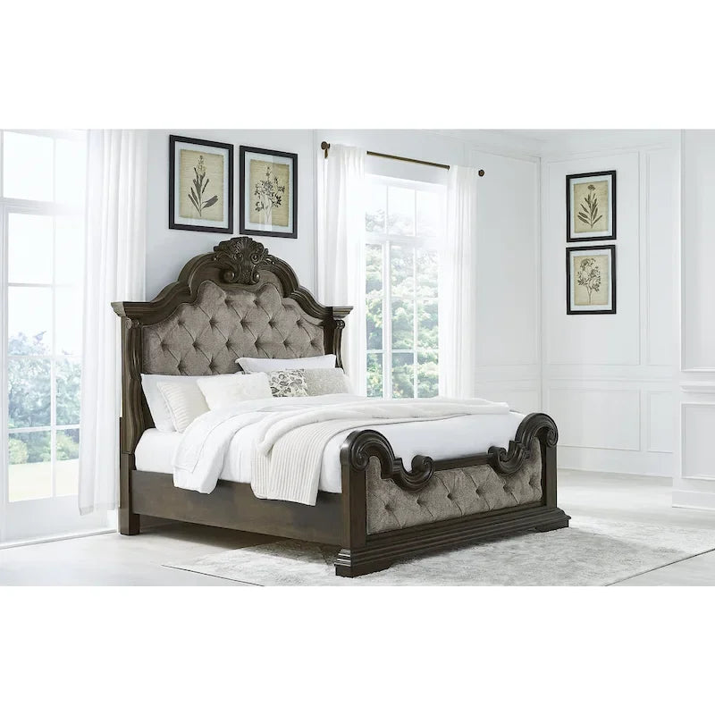 Cadre de lit capitonné orné en tissu, gris et marron foncé