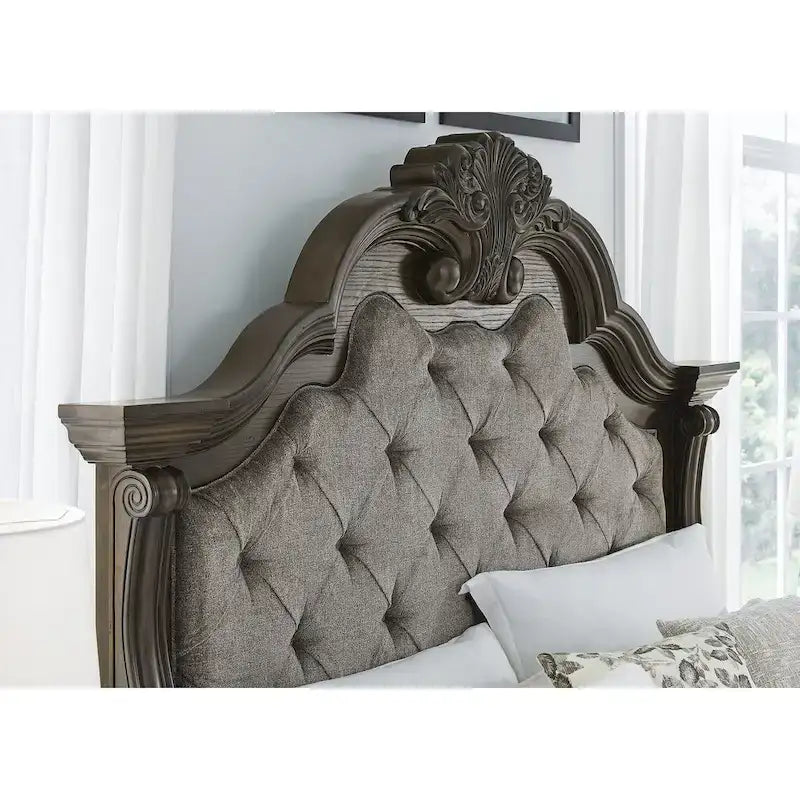 Cadre de lit capitonné orné en tissu, gris et marron foncé